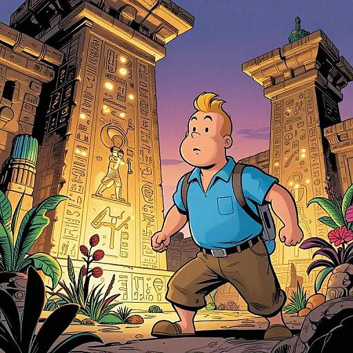 Cartoon boy in blue shirt and brown pants explores ancient Egyptian ruins at sunset, surrounded by hieroglyphs, plants, and flowers.