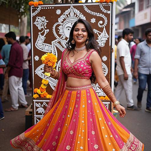 Photograph of a smiling Indian woman in a pink and orange traditional lehenga, holding marigolds, standing in front of a decorated board at a