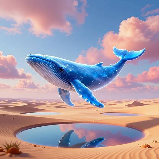 CGI image of a glowing blue whale soaring above a desert with a reflective pool, surrounded by pink clouds and sand dunes.