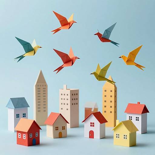 Origami Birds in Paper Cityscape