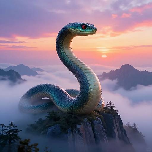 Digital artwork of a large, blue-green snake with red eyes perched on a misty mountain peak during a pink and orange sunset.