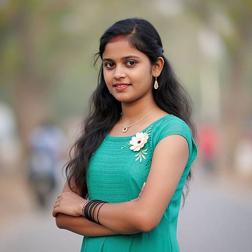 Photograph of a young Indian woman with long black hair, wearing a turquoise dress, white flower embroidery, and black bracelets, standing with arms crossed,