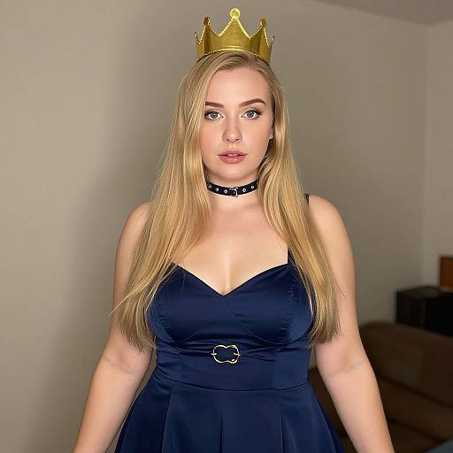 Blonde woman with fair skin, wearing a black velvet dress, gold crown, and black choker, stands in a plain room. Photograph.