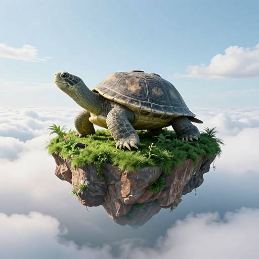 CGI image of a giant turtle with a detailed shell, standing on a grassy, floating rock in a bright blue sky with fluffy clouds.