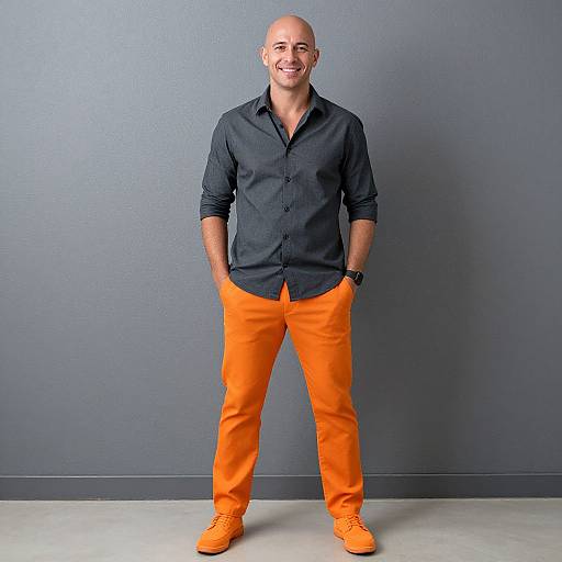 Photograph of a bald, smiling man in a black button-up shirt and bright orange pants, standing against a gray wall.