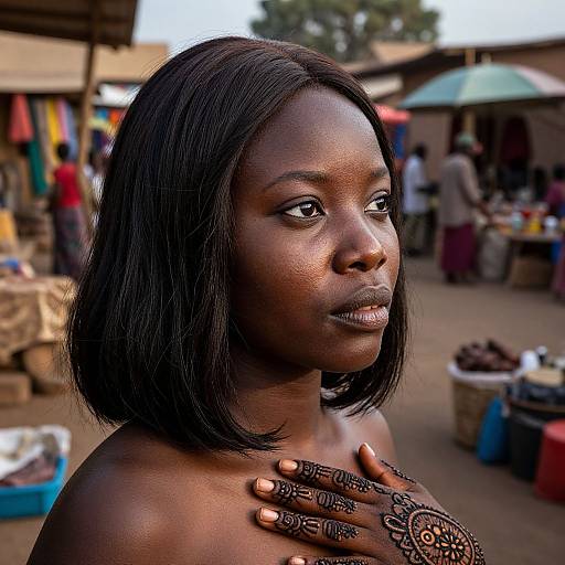 Photograph of a dark-skinned African woman with shoulder-length black hair, intricate henna patterns on her hand, and bare shoulders, standing in a