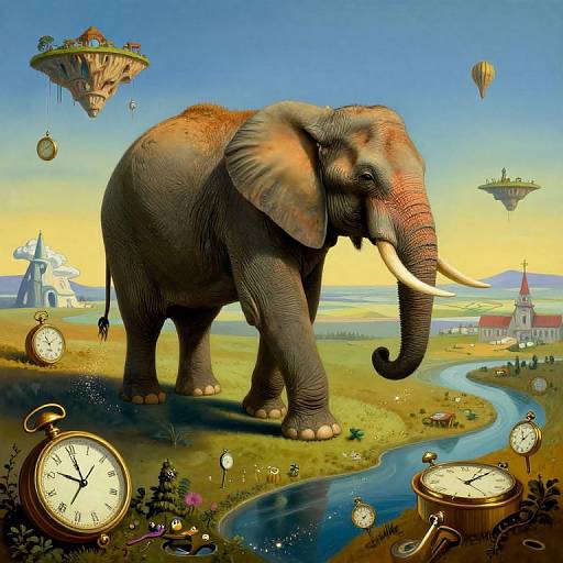 Fantastical illustration: giant elephant with tusks stands on grassy plain with winding river, surrounded by floating islands, hot air balloons, and oversized