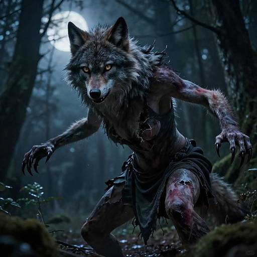Digital artwork of a fierce, glowing-eyed werewolf in tattered clothing, crouching in a dark, moonlit forest with blood on its legs