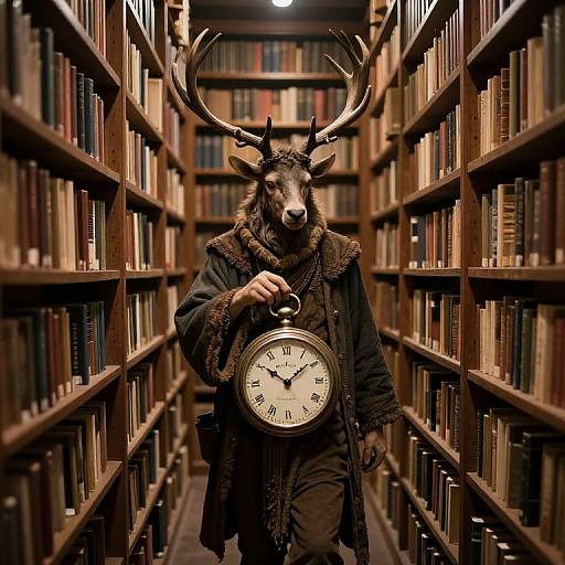 Photograph of a deer-headed humanoid in a dark coat holding a large clock, standing between bookshelves in a dimly lit library.