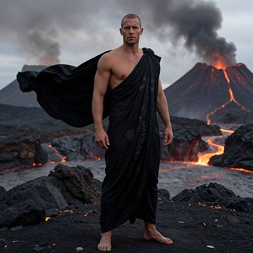 Photograph of a bald, muscular man in a black, one-shoulder toga standing on volcanic rocks with erupting volcanoes and lava flows