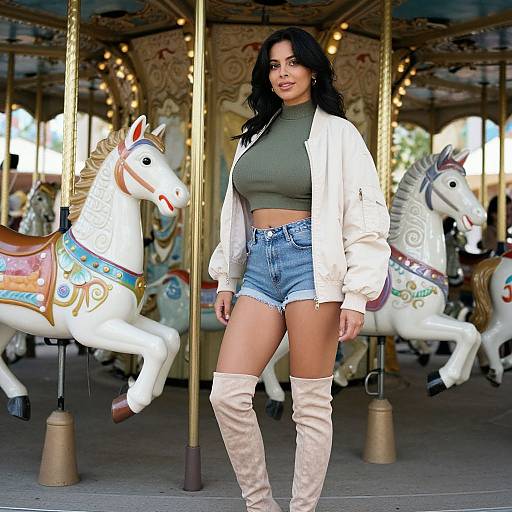 Photograph of a confident woman with long black hair, olive green turtleneck, white jacket, high-waisted denim shorts, and beige thigh