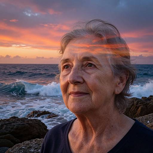 Photograph of an elderly woman with gray hair, wearing a black top, standing by a rocky ocean shore at sunset. Waves crash in the background,