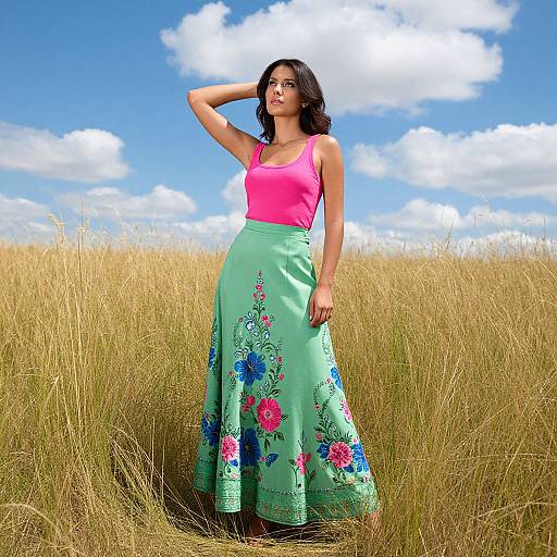 Photograph of a dark-haired woman in a bright pink tank top and long, turquoise floral skirt standing in a golden wheat field under a blue sky with