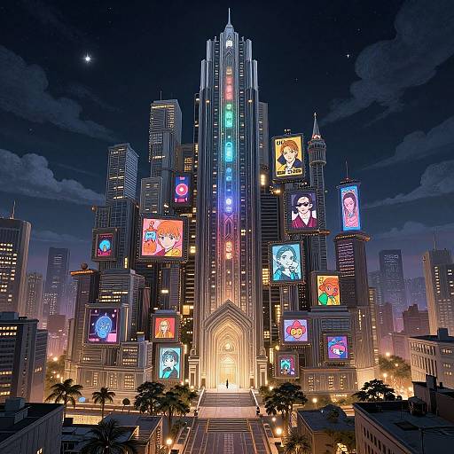 Digital artwork of a futuristic cityscape at night, featuring a towering skyscraper adorned with vibrant, neon-lit faces and portraits. The building's central
