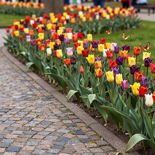 Vibrant Tulip Garden with Butterflies