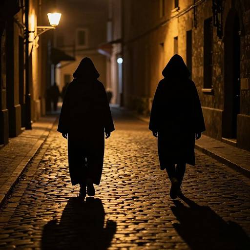 Photograph of two silhouetted figures in hooded cloaks walking down a cobblestone street at night, lit by warm street lamps.