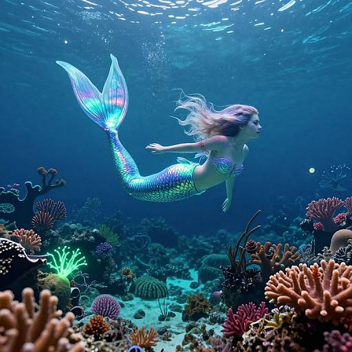 Photorealistic underwater image of a glowing blue mermaid with a shimmering tail, floating amidst vibrant coral reefs, surrounded by diverse marine life in a