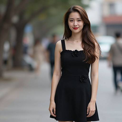 Photograph of an Asian woman with long brown hair, red lipstick, and black dress, standing on a blurred city street.