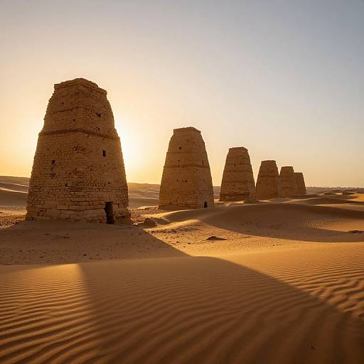 Photograph of ancient, sunlit sandstone towers in a desert, casting long shadows on rippled sand at sunset, with a clear, golden sky