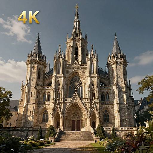 Photograph of a grand Gothic-style cathedral with intricate spires, detailed stone architecture, large arched windows, and a well-maintained garden in