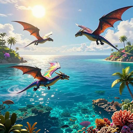 Mythical Dragons Over Azure Seascape