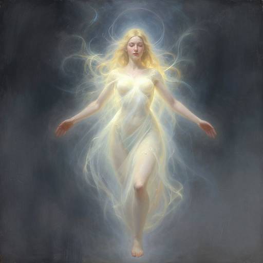Digital painting of a radiant, ethereal blonde woman with glowing aura, floating nude against a dark, misty background, arms outstretched.