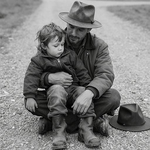 Man and Child Sitting on Gravel