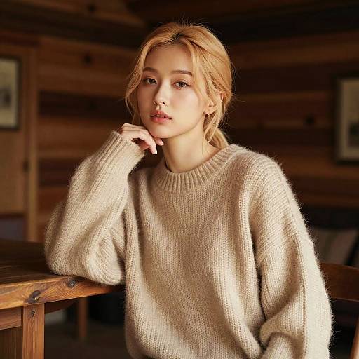 Photograph of a young blonde woman with fair skin and soft features, wearing a beige knit sweater, resting her chin on her hand in a warmly lit