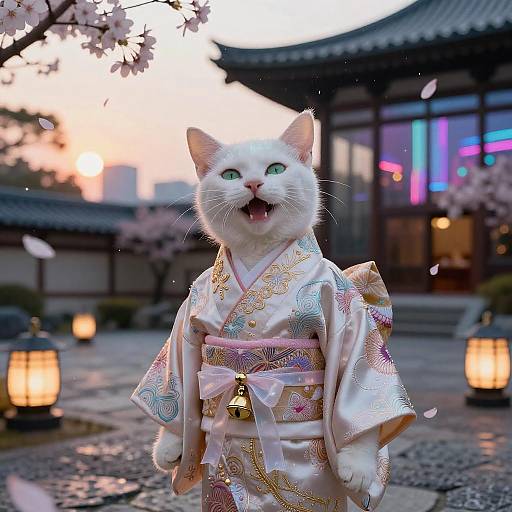 White Kitten in Silk Kimono at Sunset