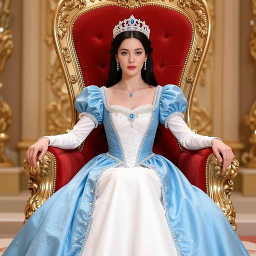 Digital illustration of a fair-skinned, black-haired princess with a blue and white ball gown, tiara, and jewelry, seated on an ornate
