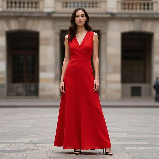 Photograph of a tall, brunette woman in a sleeveless, V-neck, floor-length red dress standing confidently on a stone-paved plaza with a
