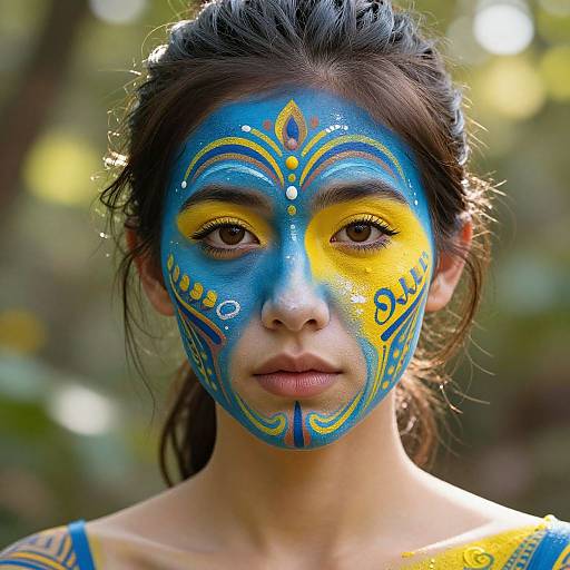 Photograph of a young woman with intricate blue and yellow face paint, featuring symmetrical patterns, set against a blurred forest background. Her dark hair is