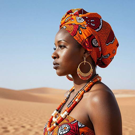 Photograph of a dark-skinned African woman in profile, wearing an orange patterned headwrap, large gold hoop earrings, and beaded necklace,