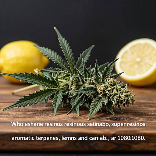 Photograph of green cannabis sativa leaves with spiky resinous buds, super-resins, and two yellow lemons in blurred background. Text: