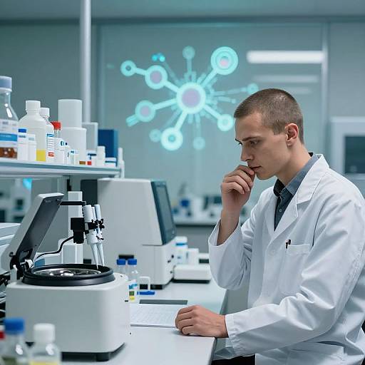 Photograph of a focused male scientist in a white lab coat, sitting at a lab bench with microscopes and chemicals, thinking, with a molecular structure