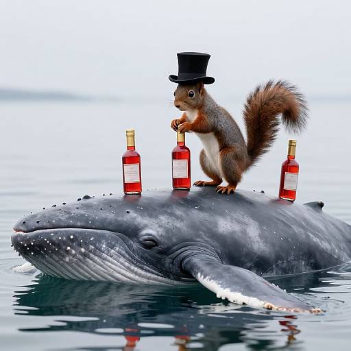 Photorealistic digital art: A red squirrel in a black top hat stands on a floating whale, holding a bottle, surrounded by four red bottles.
