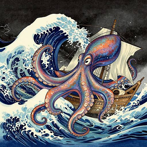Vibrant digital illustration of a colorful octopus battling a wooden ship with white sails amidst turbulent blue waves. Dynamic, anime-inspired style.