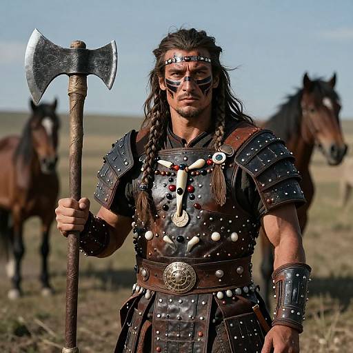 Photograph of muscular Viking warrior with braided hair, black armor, and battle-axe, standing in grassy field with two horses.