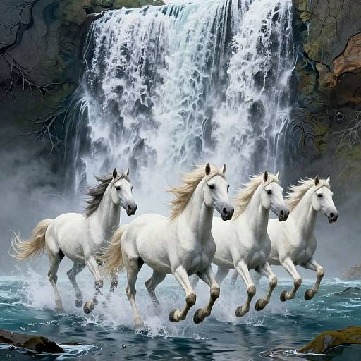 Digital painting of four white horses galloping through splashing water in front of a powerful, cascading waterfall, surrounded by mist and rocky terrain.