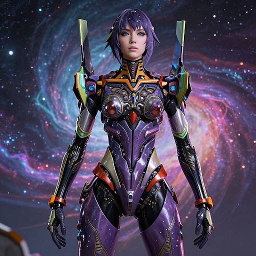 Digital artwork of a purple-haired woman in a futuristic, metallic spacesuit with glowing accents, standing confidently against a vibrant, swirling galaxy background.