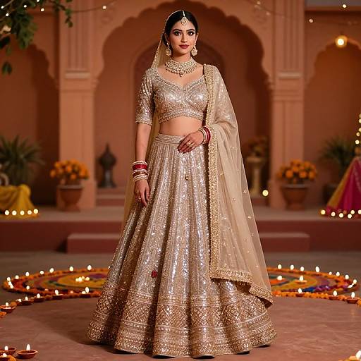 Photograph of a beautiful Indian woman in a sparkling gold traditional lehenga and choli, adorned with jewelry, standing in a warmly lit, ornate
