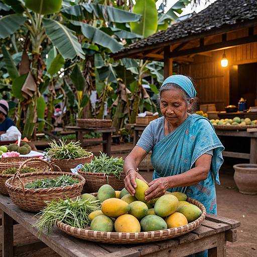 Photograph of an elderly Indian woman in a blue sari, sorting yellow and green mangoes in a rustic market stall with banana plants in the background
