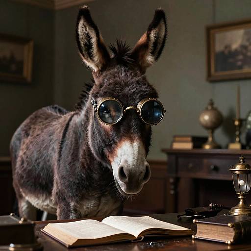 Photograph of a donkey wearing round glasses, standing over an open book on a wooden desk in a dimly lit, vintage study with framed pictures