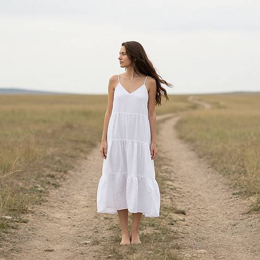 Photograph of a young woman with long brown hair, wearing a white, sleeveless, sundress, standing barefoot on a dirt path in a