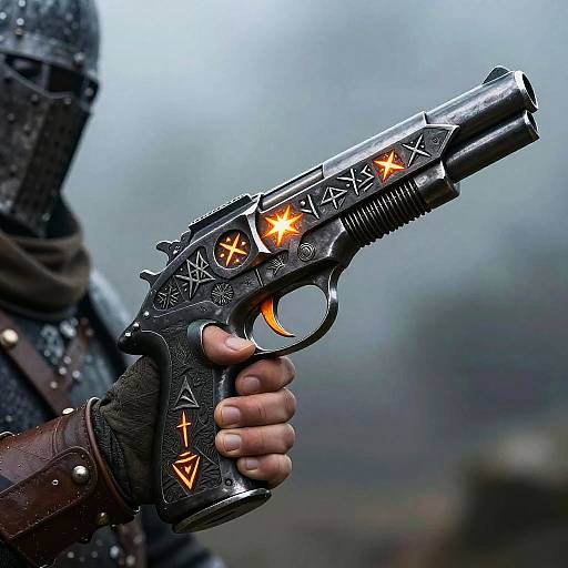Fiery Rune Pistol in Medieval Fog