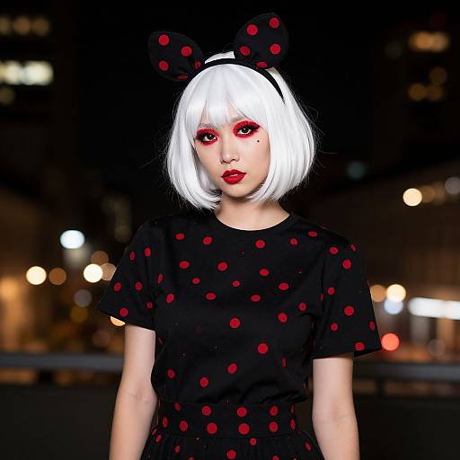 Digital artwork of a pale-skinned woman with white bob haircut, red eyes, red lips, black polka dot dress, and bow headband,
