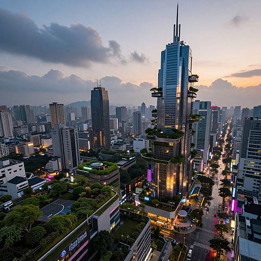 Aerial photograph of a bustling, modern city at twilight, featuring tall skyscrapers, colorful neon lights, and a river winding through the urban landscape
