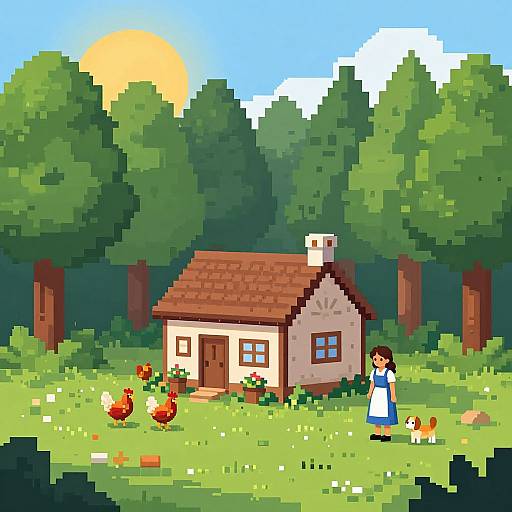 Pixel art of a cute cottage with a red roof, surrounded by green trees, sun, chickens, and a girl in a blue dress.