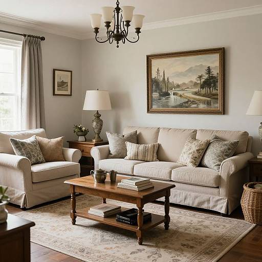 Cozy living room photograph featuring beige sofas, patterned pillows, wooden coffee table, lamps, chandelier, landscape painting, and patterned rug.