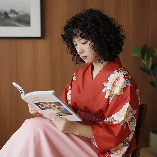 Elegant Woman in Floral Kimono Setting